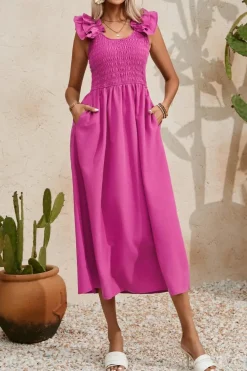 Fashion Dear-Lover Solid Color Ruffled Straps Smocked Ruched Maxi Dress Rose Red