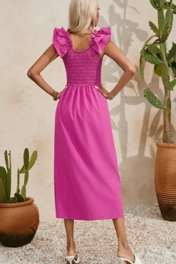 Fashion Dear-Lover Solid Color Ruffled Straps Smocked Ruched Maxi Dress Rose Red