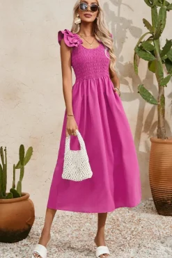 Fashion Dear-Lover Solid Color Ruffled Straps Smocked Ruched Maxi Dress Rose Red