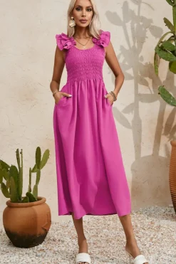 Fashion Dear-Lover Solid Color Ruffled Straps Smocked Ruched Maxi Dress Rose Red