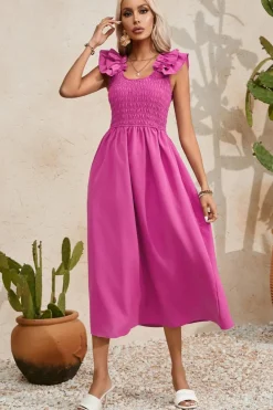 Fashion Dear-Lover Solid Color Ruffled Straps Smocked Ruched Maxi Dress Rose Red