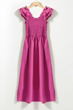 Fashion Dear-Lover Solid Color Ruffled Straps Smocked Ruched Maxi Dress Rose Red