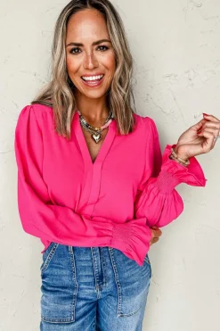 Hot Dear-Lover Solid Color Shirred Cuff Notch V Neck Blouse Rose Red