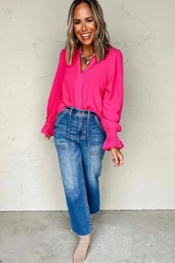Hot Dear-Lover Solid Color Shirred Cuff Notch V Neck Blouse Rose Red
