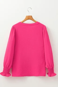 Hot Dear-Lover Solid Color Shirred Cuff Notch V Neck Blouse Rose Red