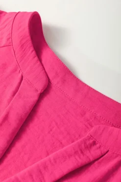 Hot Dear-Lover Solid Color Shirred Cuff Notch V Neck Blouse Rose Red