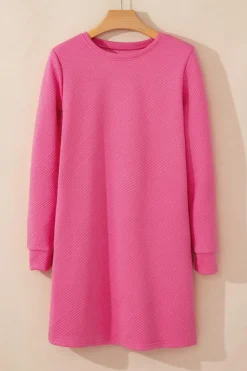 Outlet Dear-Lover Solid Color Textured Long Sleeve Shift Dress Rose Red
