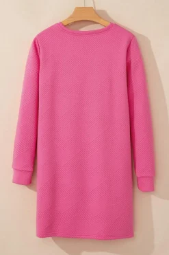 Outlet Dear-Lover Solid Color Textured Long Sleeve Shift Dress Rose Red