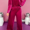 Discount Dear-Lover Solid Velvet Ruffled Two Piece Pants Set Rose Red