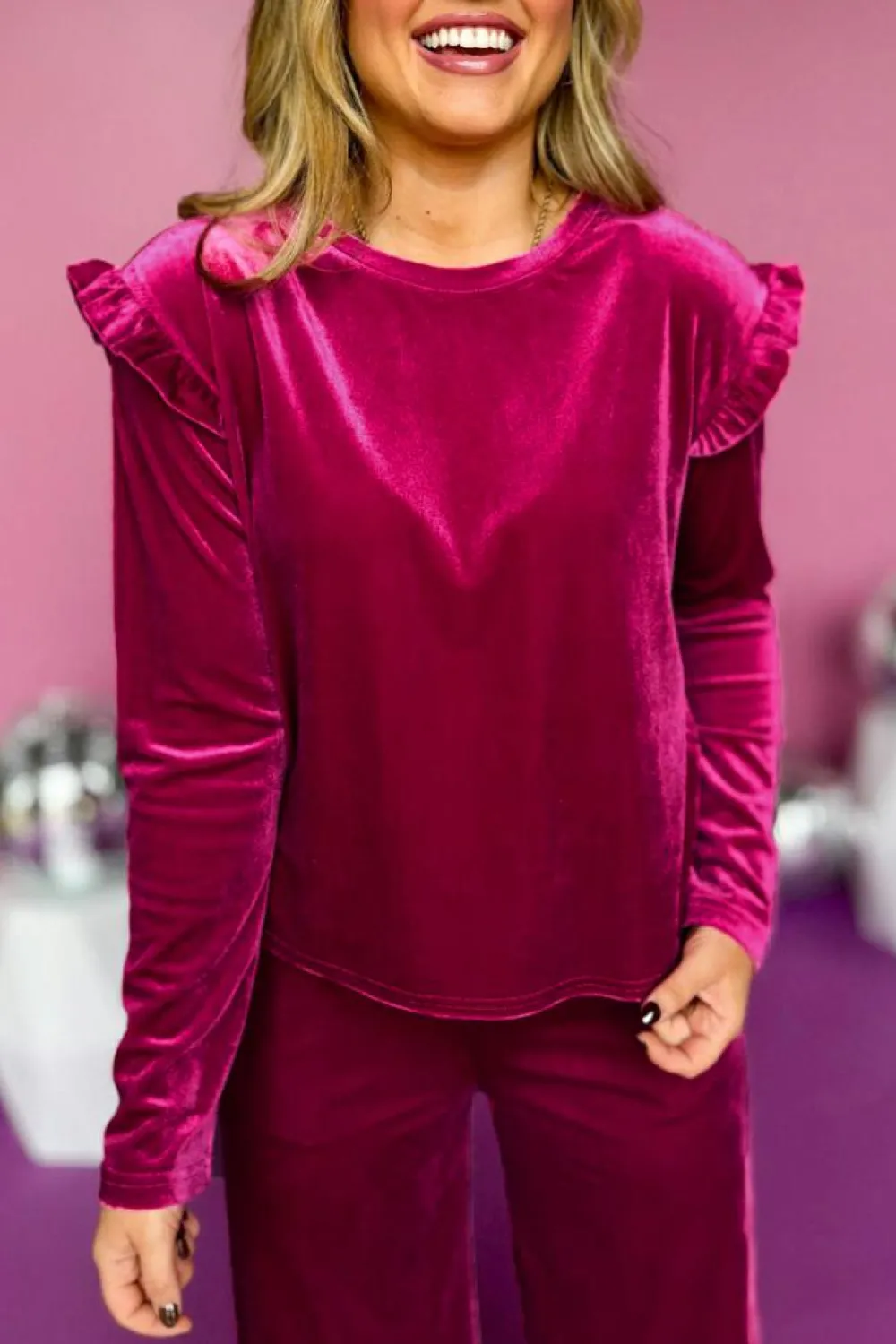 Discount Dear-Lover Solid Velvet Ruffled Two Piece Pants Set Rose Red