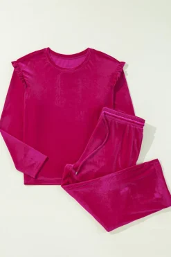 Discount Dear-Lover Solid Velvet Ruffled Two Piece Pants Set Rose Red