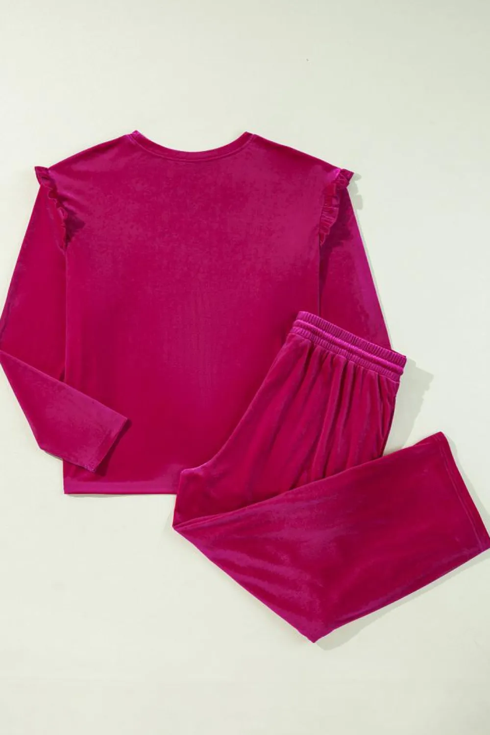 Discount Dear-Lover Solid Velvet Ruffled Two Piece Pants Set Rose Red