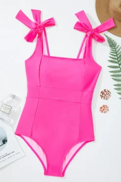 New Dear-Lover Square Neck Knotted Shoulder Open Back One Piece Swimsuit Rose Red
