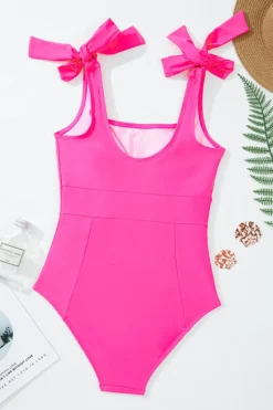 New Dear-Lover Square Neck Knotted Shoulder Open Back One Piece Swimsuit Rose Red