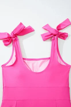 New Dear-Lover Square Neck Knotted Shoulder Open Back One Piece Swimsuit Rose Red