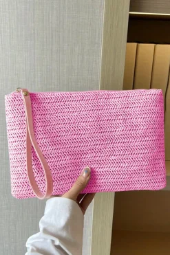 Online Dear-Lover Straw Woven Wrist Strap Zipper Large Wallet Rose Red