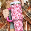 New Dear-Lover Strawberry Checkered Print Handled Tumbler 40oz Rose Red