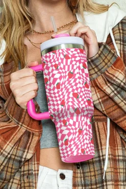New Dear-Lover Strawberry Checkered Print Handled Tumbler 40oz Rose Red