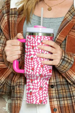 New Dear-Lover Strawberry Checkered Print Handled Tumbler 40oz Rose Red