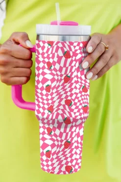 New Dear-Lover Strawberry Checkered Print Handled Tumbler 40oz Rose Red