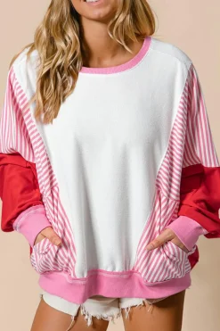 Best Dear-Lover Striped Patchwork Batwing Sleeve Pocketed Sweatshirt Rose Red
