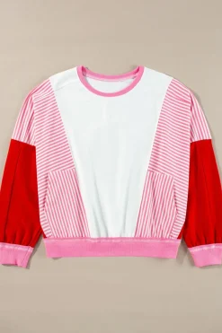 Best Dear-Lover Striped Patchwork Batwing Sleeve Pocketed Sweatshirt Rose Red