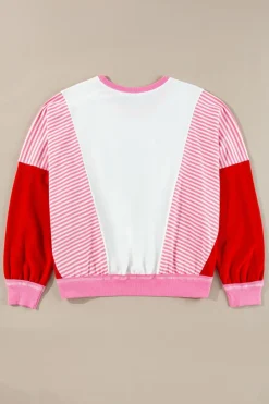 Best Dear-Lover Striped Patchwork Batwing Sleeve Pocketed Sweatshirt Rose Red