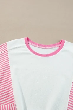 Best Dear-Lover Striped Patchwork Batwing Sleeve Pocketed Sweatshirt Rose Red