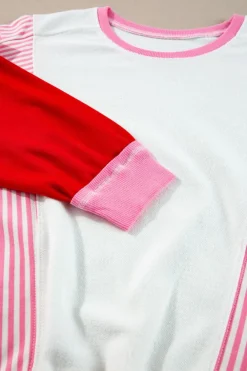 Best Dear-Lover Striped Patchwork Batwing Sleeve Pocketed Sweatshirt Rose Red