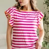 Outlet Dear-Lover Striped Ruffle Sleeve Crew Neck Blouse Rose Red