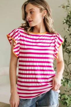 Outlet Dear-Lover Striped Ruffle Sleeve Crew Neck Blouse Rose Red