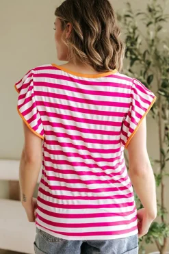 Outlet Dear-Lover Striped Ruffle Sleeve Crew Neck Blouse Rose Red