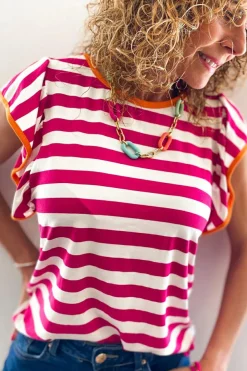 Outlet Dear-Lover Striped Ruffle Sleeve Crew Neck Blouse Rose Red