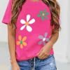 New Dear-Lover Summer Flower Print Fashion Cotton Tee Rose Red