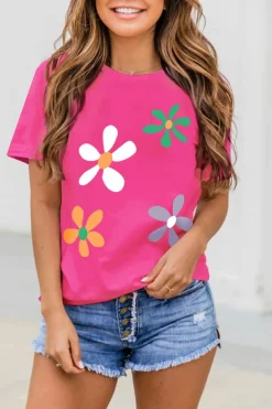 New Dear-Lover Summer Flower Print Fashion Cotton Tee Rose Red
