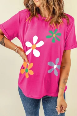 New Dear-Lover Summer Flower Print Fashion Cotton Tee Rose Red