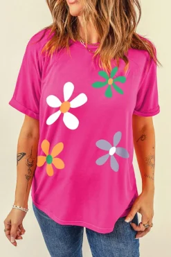 New Dear-Lover Summer Flower Print Fashion Cotton Tee Rose Red
