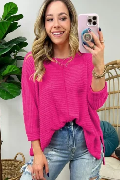 Discount Dear-Lover Textured Center Seam Long Sleeve Split Top Rose Red