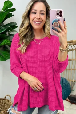 Discount Dear-Lover Textured Center Seam Long Sleeve Split Top Rose Red