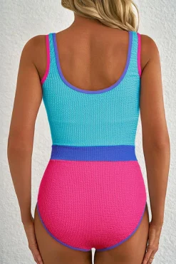 Discount Dear-Lover Textured Color Block Patchwork One Piece Swimsuit Rose Red