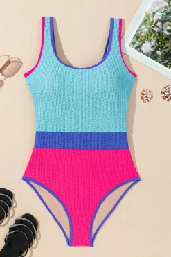 Discount Dear-Lover Textured Color Block Patchwork One Piece Swimsuit Rose Red