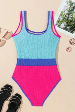 Discount Dear-Lover Textured Color Block Patchwork One Piece Swimsuit Rose Red