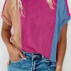 New Dear-Lover Textured Colorblock Crew Neck T Shirt Rose Red
