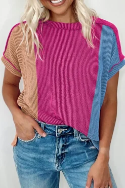New Dear-Lover Textured Colorblock Crew Neck T Shirt Rose Red