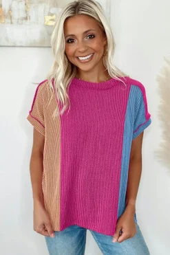 New Dear-Lover Textured Colorblock Crew Neck T Shirt Rose Red