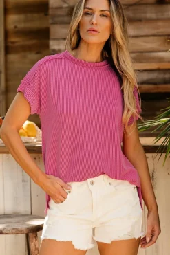 Online Dear-Lover Textured Knit Exposed Stitching T-shirt Rose Red