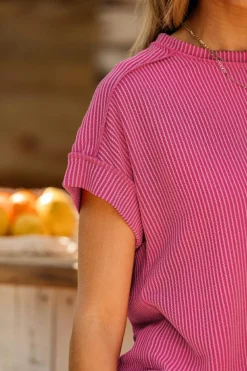 Online Dear-Lover Textured Knit Exposed Stitching T-shirt Rose Red