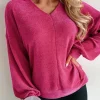 Clearance Dear-Lover Textured Long Sleeve V Neck Top Rose Red