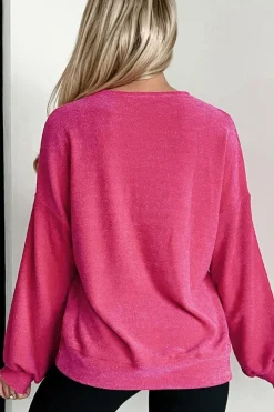 Clearance Dear-Lover Textured Long Sleeve V Neck Top Rose Red