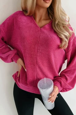 Clearance Dear-Lover Textured Long Sleeve V Neck Top Rose Red